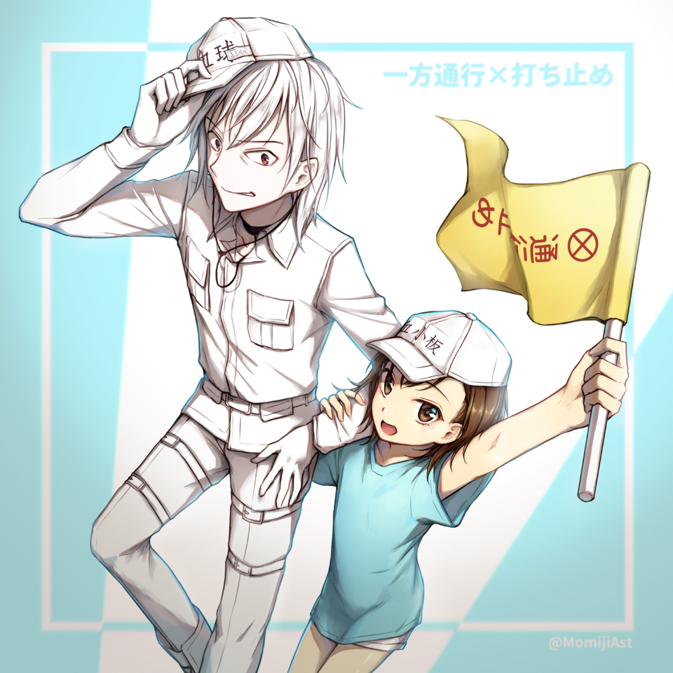 1girl :d accelerator bangs baseball_cap belt belt_buckle blue_shirt brown_eyes brown_hair buckle choker commentary_request cosplay crossover flag hat hat_tip hataraku_saibou holding holding_flag holding_hat last_order locked_arms long_sleeves looking_at_another looking_at_viewer momijiyoung open_mouth platelet_(hataraku_saibou) platelet_(hataraku_saibou)_(cosplay) red_eyes shirt short_hair shorts smile t-shirt to_aru_majutsu_no_index white_blood_cell_(hataraku_saibou) white_blood_cell_(hataraku_saibou)_(cosplay) white_cap white_hair