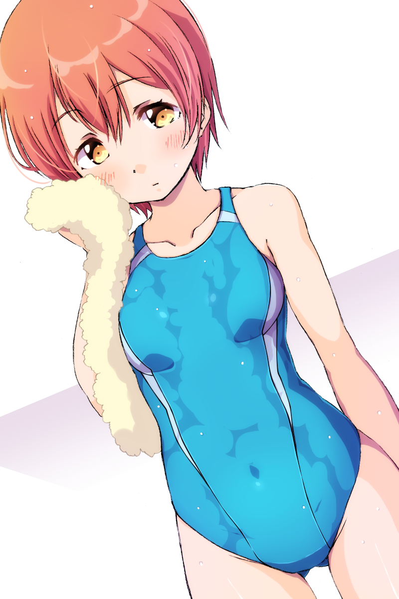 ass_visible_through_thighs blue_swimsuit blush breasts collarbone drying dutch_angle eyebrows_visible_through_hair highres holding holding_towel hoshizora_rin looking_at_viewer love_live! love_live!_school_idol_project one-piece_swimsuit orange_hair sen_(sen0910) short_hair small_breasts solo swimsuit towel wet wet_clothes wet_swimsuit yellow_eyes