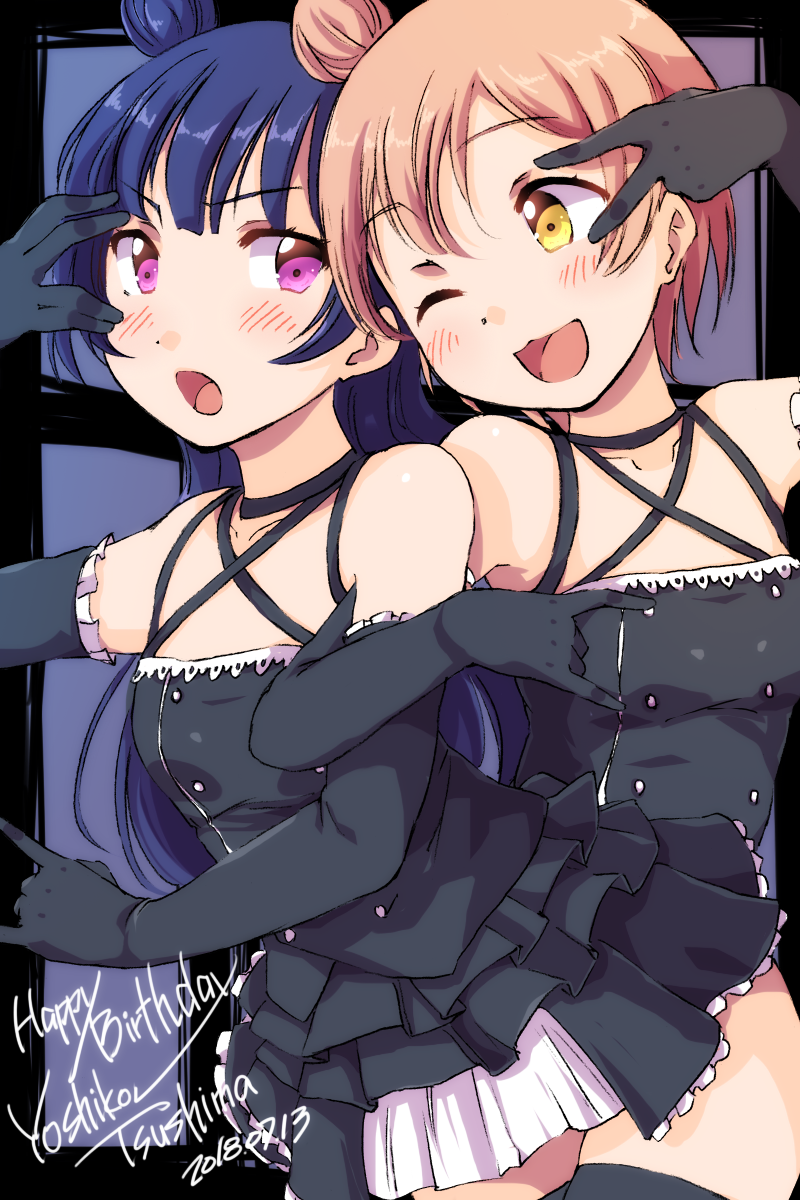 :3 ;d \m/ alternate_costume alternate_hairstyle bangs black_choker black_dress black_gloves blue_hair character_name choker collarbone cosplay criss-cross_halter dated double-breasted dress elbow_gloves eyebrows_visible_through_hair gloves halterneck happy_birthday highres hoshizora_rin locked_arms long_hair looking_at_another love_live! love_live!_school_idol_project love_live!_sunshine!! matching_hairstyle matching_outfit multiple_girls one_eye_closed open_mouth orange_hair sen_(sen0910) short_hair side_bun smile tsushima_yoshiko tsushima_yoshiko_(cosplay) v_over_eye yellow_eyes