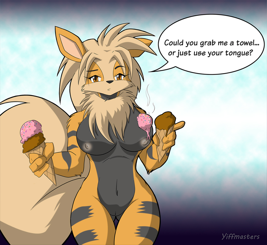 2018 anthro anthrofied arcanine black_fur breasts canine dessert dialogue english_text female food fur ice_cream mammal navel nintendo nipples pok&eacute;mon pok&eacute;mon_(species) pussy solo text video_games yiffmasters