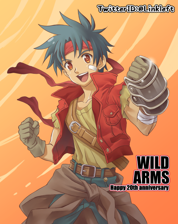 ;d belt blue_hair blue_pants brown_belt clothes_around_waist commentary_request denim gloves headband jacket jeans link_(aa30) looking_at_viewer male_focus one_eye_closed open_mouth pants red_eyes red_headband red_vest rody_roughnight short_hair smile solo vest wild_arms wild_arms_1