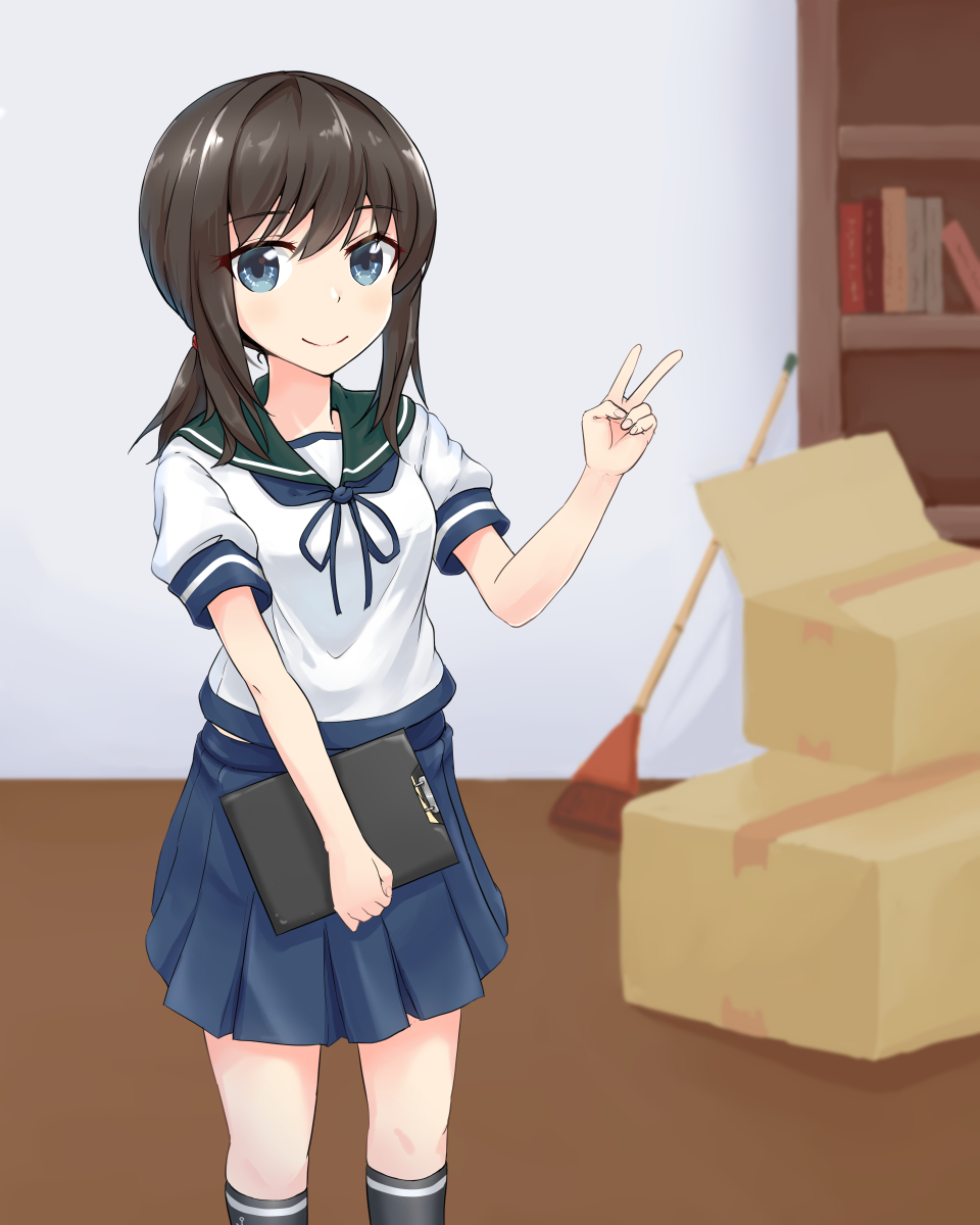 black_hair blue_eyes blue_sailor_collar blue_skirt bookshelf box broom clipboard feet_out_of_frame fubuki_(kantai_collection) highres kantai_collection looking_at_viewer low_ponytail pleated_skirt ponytail sailor_collar school_uniform serafuku short_ponytail sidelocks skirt smile solo yumemi_kusamochi