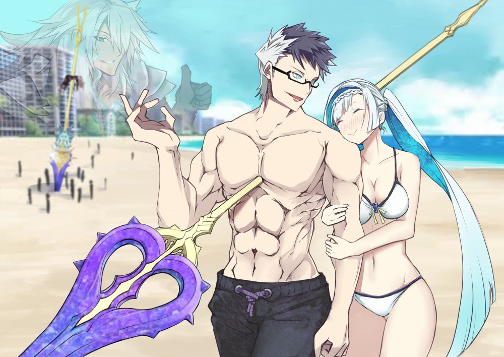 2boys beach bikini blue_eyes blue_hair blue_sky brynhildr_(fate) brynhildr_romantia couple day fate/grand_order fate_(series) glasses impaled looking_at_another male_swimwear multicolored_hair multiple_boys no_nipples polearm projected_inset siegfried_(fate) sigurd_(fate/grand_order) sky spear swim_trunks swimsuit swimwear thumbs_up two-tone_hair walking water weapon yuzuruka_(bougainvillea)