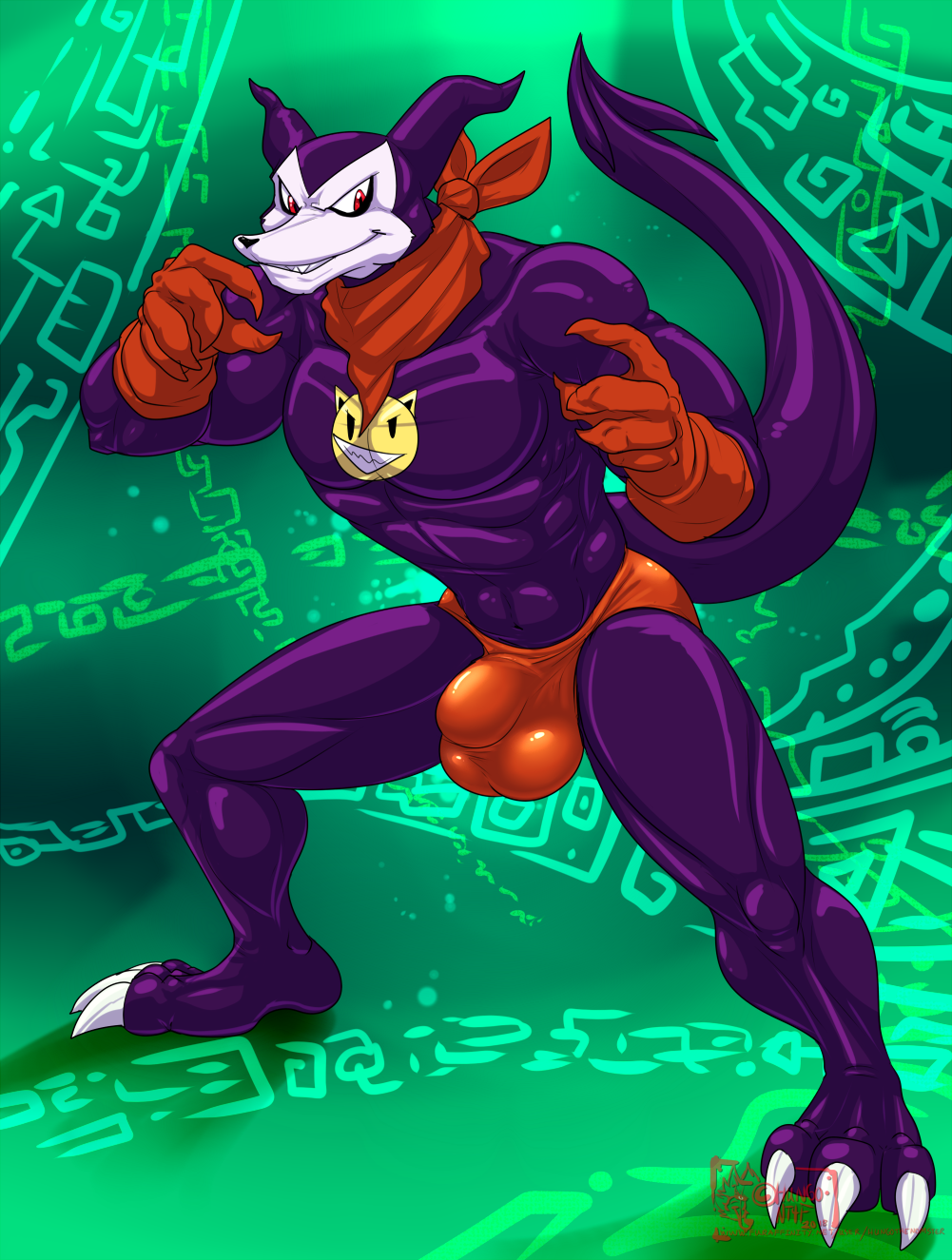 2018 3_toes 5_fingers abs anthro biceps black_nose bulge claws clothing digimon gloves green_background grin handkerchief hungothenomster impmon looking_aside male mask_(marking) muscular muscular_male penis_outline penis_shaped_bulge pose purple_skin red_eyes sharp_teeth simple_background smile solo standing teeth tight_clothing tight_underwear toes underwear white_skin