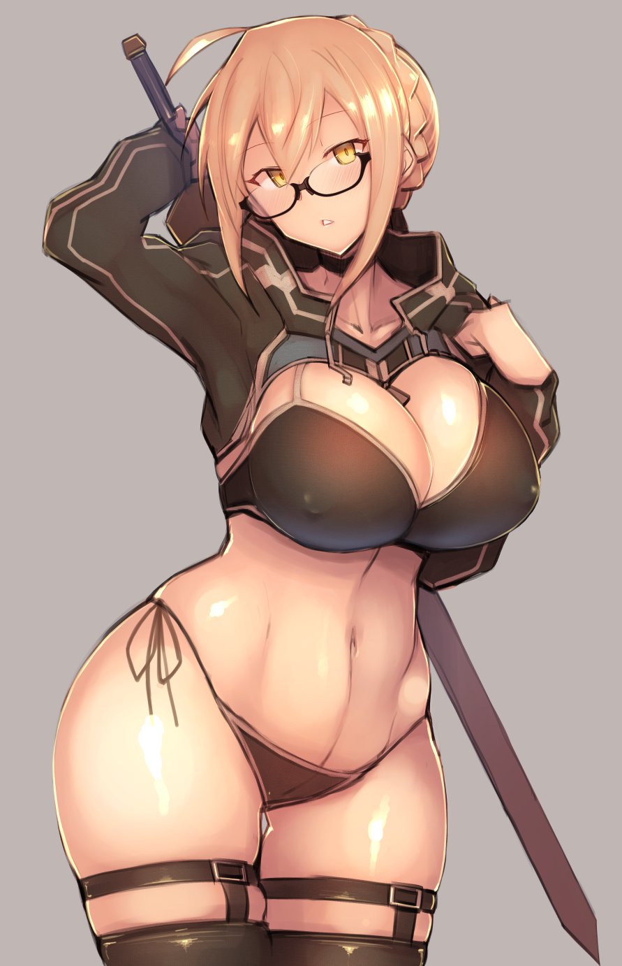 ahoge alternate_breast_size alternate_costume artoria_pendragon_(all) bikini black-framed_eyewear black_bikini black_legwear braid breasts commentary_request cosplay covered_nipples cropped_jacket fate/grand_order fate_(series) french_braid hair_between_eyes highleg highleg_bikini highres holding holding_sword holding_weapon hood hooded_jacket jacket kagami_uekusa large_breasts long_hair looking_at_viewer mysterious_heroine_x_(alter) mysterious_heroine_xx_(foreigner) mysterious_heroine_xx_(foreigner)_(cosplay) navel parted_lips plump semi-rimless_eyewear shrug_(clothing) sidelocks simple_background skindentation solo stomach swimsuit sword thick_thighs thighs under-rim_eyewear weapon wide_hips yellow_eyes