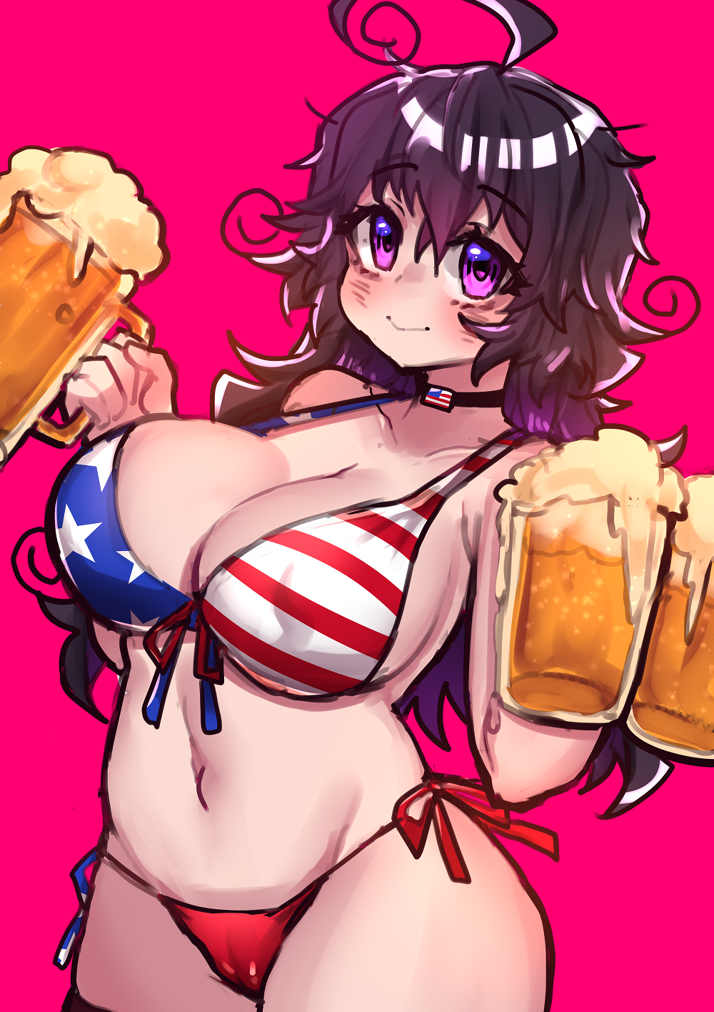 ahoge alcohol america american_flag_bikini beer beer_mug bikini blush breasts cleavage closed_mouth commentary cowboy_shot cup curly_hair drinking_glass eyebrows_visible_through_hair flag_print highres holding holding_cup large_breasts looking_at_viewer messy_hair navel nyarla_(osiimi) original osiimi pink_background purple_eyes purple_hair side-tie_bikini simple_background smile solo standing swimsuit