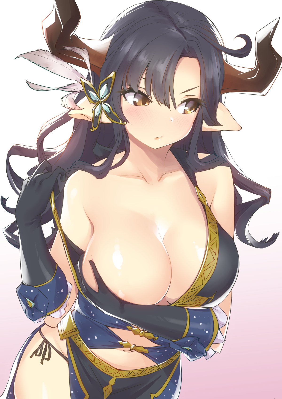 animal_ears arm_under_breasts augusta_(granblue_fantasy) black_gloves black_hair blush breast_hold breasts cleavage collarbone commentary_request cow_ears draph gloves gradient gradient_background granblue_fantasy highres horns large_breasts long_hair navel nukkoru panties pointy_ears side-tie_panties solo underwear yellow_eyes