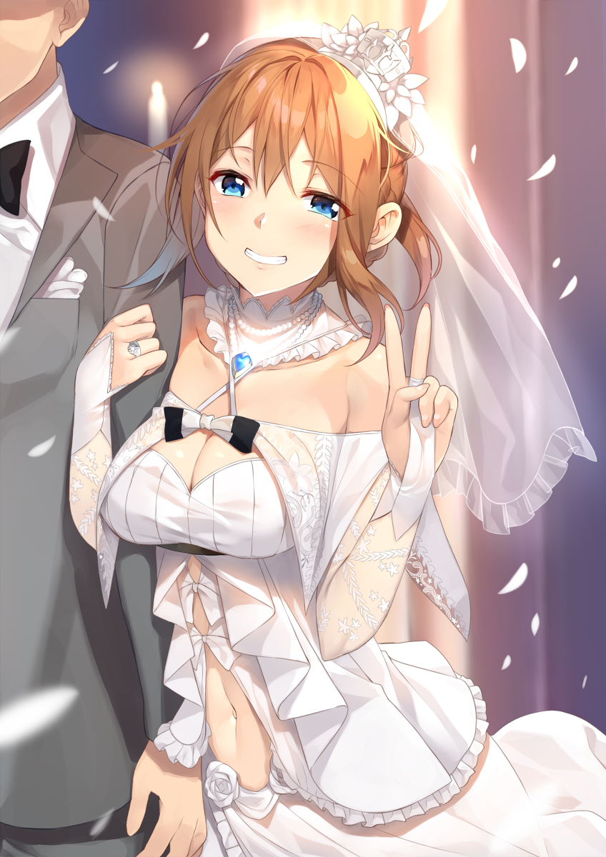 1girl alternate_costume azur_lane bangs black_neckwear blue_eyes blurry blurry_background blush bow bowtie braid breasts bridal_gauntlets bridal_veil bride brown_hair church collarbone collared_shirt commentary_request dress eyebrows_visible_through_hair formal french_braid gloves grey_jacket grey_pants groom head_tilt highres jacket jewelry locked_arms looking_at_viewer midriff navel necktie out_of_frame pants parted_lips petals repulse_(azur_lane) ring sapphire_(stone) shirt short_hair sidelocks smile solo_focus stomach suit v veil wedding wedding_dress wedding_ring white_dress white_gloves white_shirt yappen