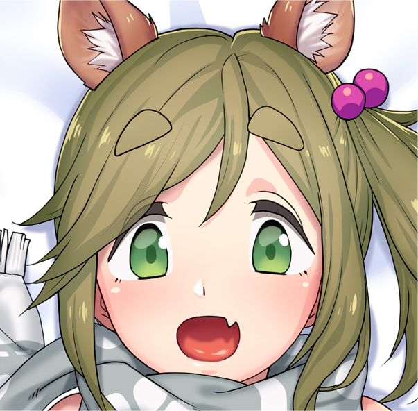 :d animal_ears brown_hair face fang green_eyes grey_scarf hair_bobbles hair_ornament inuyama_aoi long_hair looking_at_viewer open_mouth scarf side_ponytail smile solo tenchisouha yurucamp
