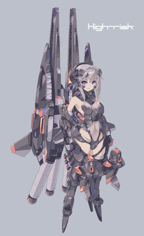 armor armored_boots blue_eyes boot boots breastplate grey_hair high_heel_boots high_heels magazine_(weapon) mecha_musume mechanical_wings mk-5 navel railgun rocket see-through thigh_strap wings