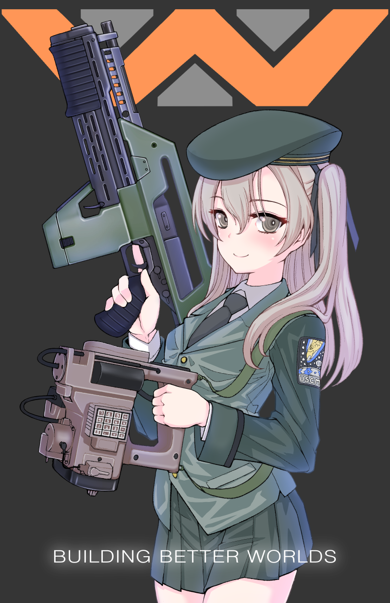 aliens assault_rifle bangs beret black_background black_hat black_jacket black_neckwear black_ribbon black_skirt brown_eyes closed_mouth colonial_marine dress_shirt dual_wielding emblem english eyebrows_visible_through_hair girls_und_panzer gun hair_ribbon hat highres holding holding_gun holding_weapon jacket light_brown_hair logo long_hair long_sleeves looking_at_viewer m314_motion_tracker m41a_pulse_rifle military military_hat military_uniform miniskirt necktie petag2 pleated_skirt ribbon rifle science_fiction selection_university_military_uniform shimada_arisu shirt side_ponytail simple_background skirt slogan smile solo standing trigger_discipline uniform upper_body weapon weyland-yutani white_shirt