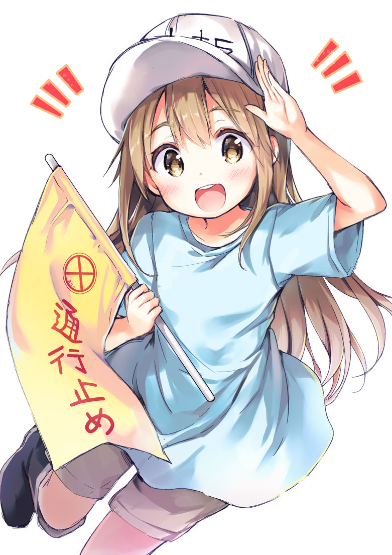 :d arm_up bangs black_footwear blue_shirt blush boots brown_eyes brown_shorts character_name clothes_writing commentary_request eyebrows_visible_through_hair fingernails flag flat_cap hair_between_eyes hat hataraku_saibou hisama_kumako holding holding_flag knee_boots light_brown_hair long_hair notice_lines open_mouth platelet_(hataraku_saibou) round_teeth shirt short_shorts short_sleeves shorts simple_background smile solo teeth upper_teeth very_long_hair white_background white_hat