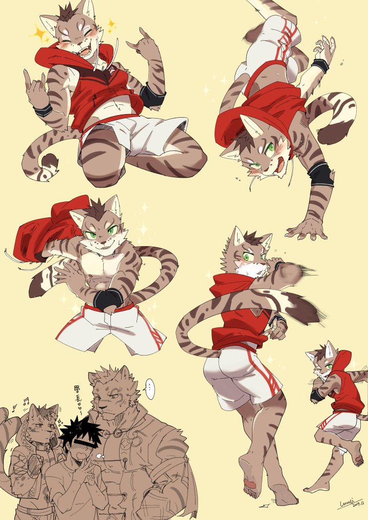 2017 anthro cat chang52084 clothed clothing dancing feline fur group likulau lin_hu luwei_(artist) male mammal nekojishi shu-chi topless