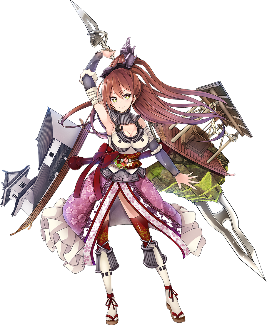 architecture breasts brown_hair castle cleavage east_asian_architecture eyebrows_visible_through_hair full_body holding holding_spear holding_weapon iwamura_(oshiro_project) large_breasts looking_at_viewer official_art oshiro_project oshiro_project_re polearm ponytail red_legwear sandals solo spear taicho128 thighhighs transparent_background weapon yellow_eyes