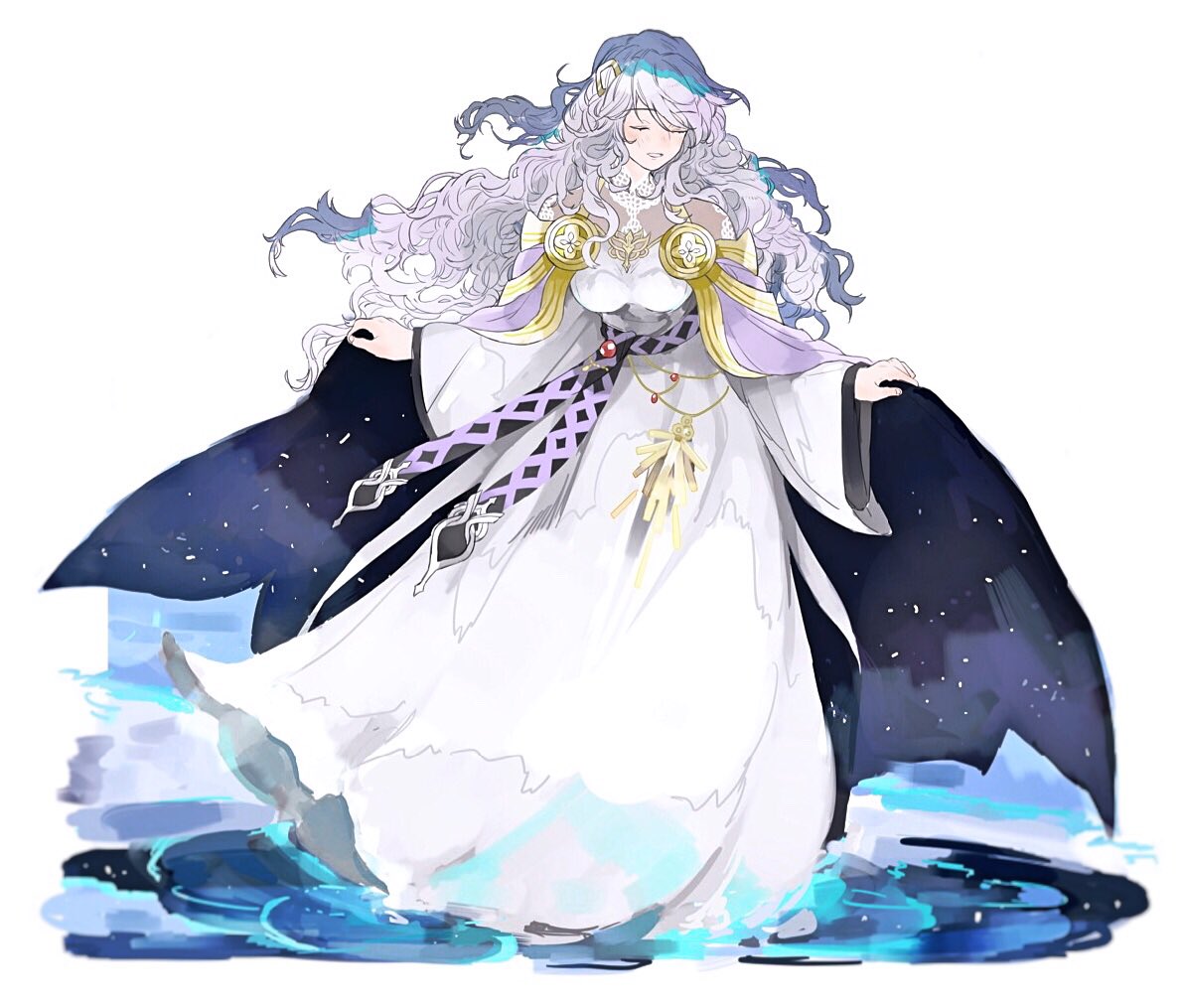 closed_eyes commentary_request diadora_(fire_emblem) dress fire_emblem fire_emblem:_seisen_no_keifu full_body hair_ornament lavender_hair long_hair long_sleeves nonomori_(anst_nono) parted_lips solo standing white_dress wide_sleeves