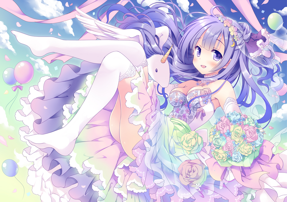 :d alicorn animal azur_lane balloon bangs bare_shoulders blue_flower blue_rose blue_sky blush bouquet breasts cleavage cloud colorful commentary_request day dress elbow_gloves eyebrows_visible_through_hair flower full_body gloves gradient_sky green_flower green_rose green_sky hair_bun holding holding_bouquet hoshino_koucha long_hair medium_breasts no_shoes open_mouth outdoors over-kneehighs pastel_colors pink_flower pink_rose purple_eyes purple_hair rose sky smile solo strapless strapless_dress thighhighs thighs unicorn_(azur_lane) very_long_hair white_dress white_gloves white_legwear