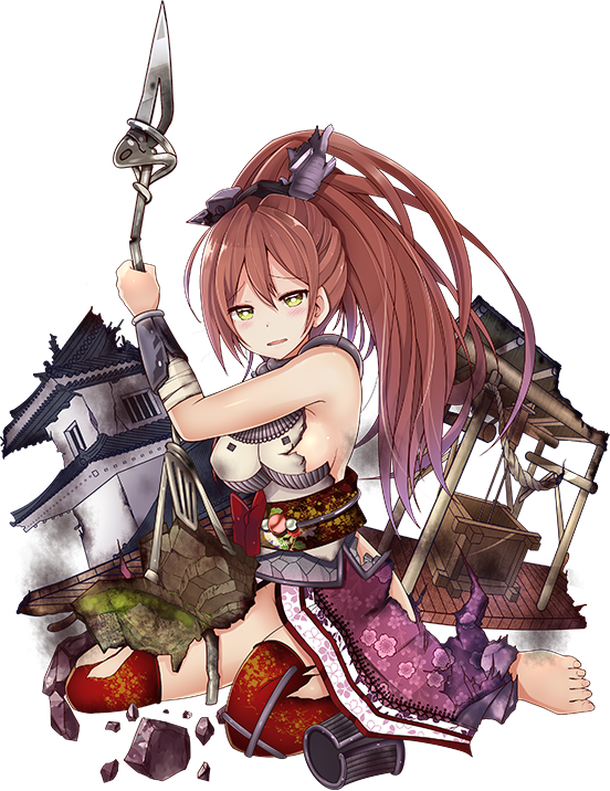 bare_shoulders blush breasts brown_hair full_body hair_ornament holding holding_spear holding_weapon iwamura_(oshiro_project) large_breasts looking_at_viewer official_art open_mouth oshiro_project oshiro_project_re polearm ponytail red_legwear seiza sideboob sitting solo spear taicho128 thighhighs torn_clothes transparent_background weapon yellow_eyes