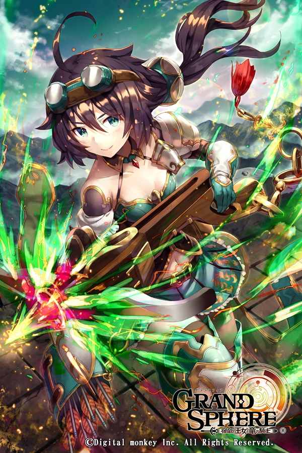 ahoge aqua_skirt belt black_legwear blush bow_(weapon) breasts brown_hair choker cleavage collarbone copyright_name crossbow day detached_sleeves floating_hair frilled_skirt frills gabiran gloves goggles goggles_on_head grand_sphere green_eyes green_gloves hair_between_eyes holding holding_weapon long_hair looking_at_viewer midriff miniskirt navel official_art outdoors pleated_skirt shiny shiny_hair shoulder_armor skirt small_breasts smile solo spaulders stomach thighhighs weapon