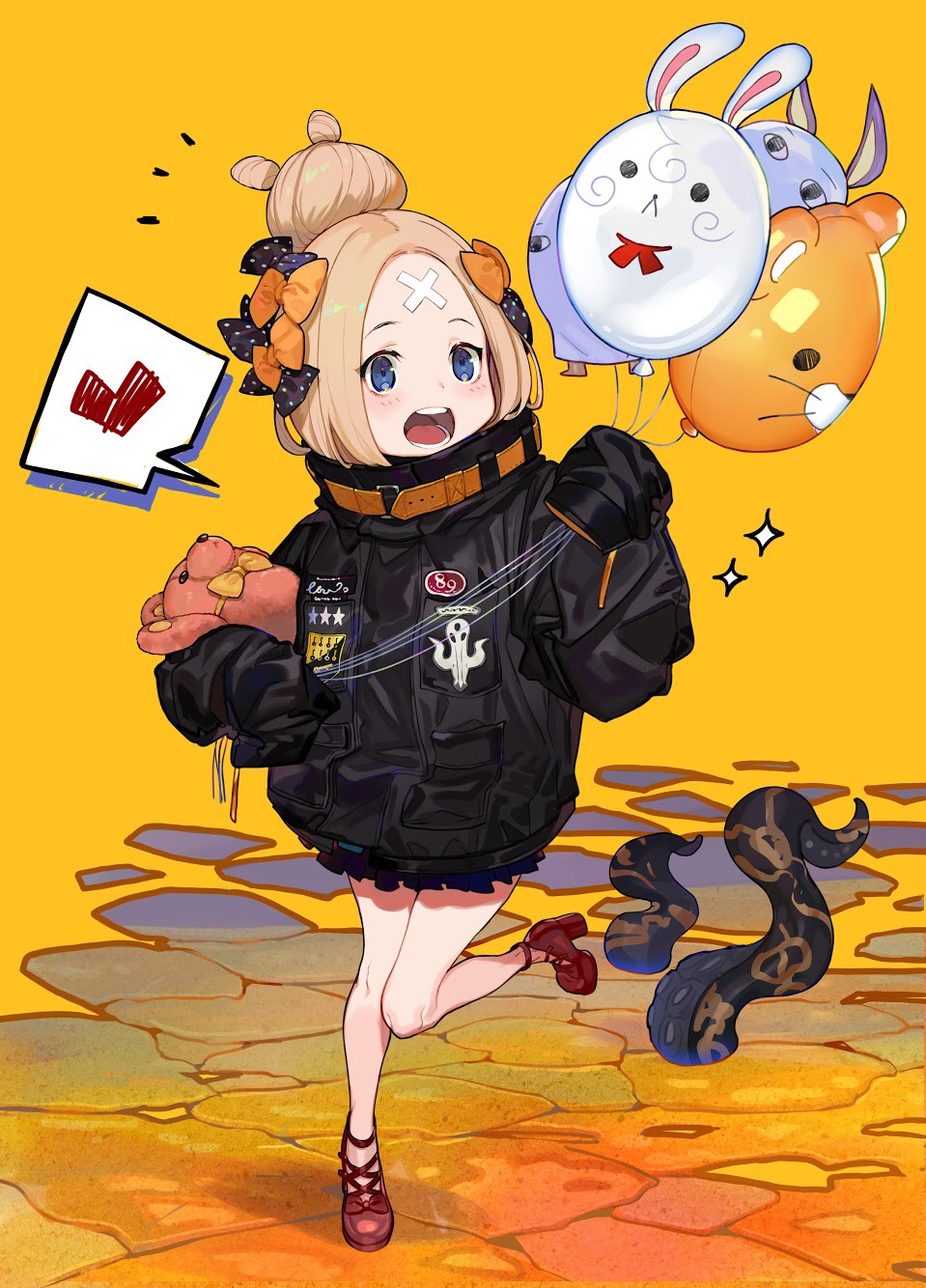 abigail_williams_(fate/grand_order) balloon bangs black_bow black_jacket blonde_hair blue_eyes blush bow commentary_request fate/grand_order fate_(series) fou_(fate/grand_order) hair_bow hair_bun heart heroic_spirit_traveling_outfit highres holding holding_balloon jacket key long_hair long_sleeves medjed object_hug open_mouth orange_background orange_bow parted_bangs polka_dot polka_dot_bow round_teeth sleeves_past_fingers sleeves_past_wrists solo sparkle spoken_heart standing standing_on_one_leg star stuffed_animal stuffed_toy suction_cups teddy_bear teeth tentacles upper_teeth yuu_(higashi_no_penguin)
