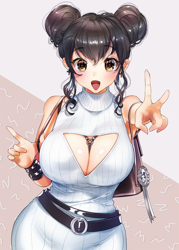 :d bangs belt black_hair blush breasts brown_eyes cleavage_cutout cross cross_earrings double_bun dress earrings eyebrows_visible_through_hair hair_between_eyes jewelry large_breasts ogino_atsuki open_mouth original short_hair sidelocks simple_background smile solo sweater sweater_dress v