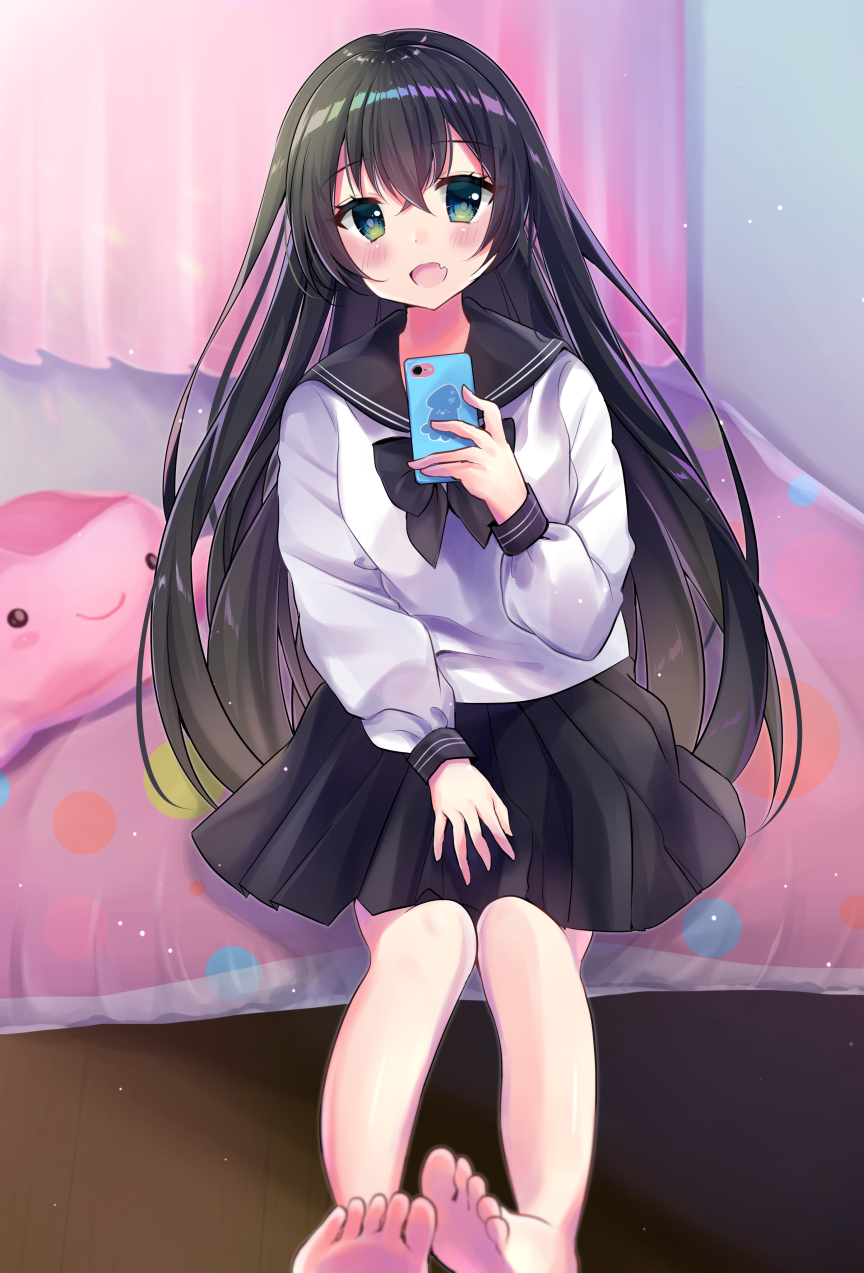 :d bangs barefoot bed black_hair black_sailor_collar black_skirt blush cellphone commentary_request curtains eyebrows_visible_through_hair fang green_eyes hair_between_eyes highres holding holding_cellphone holding_phone indoors leaning_to_the_side long_hair long_sleeves minami_saki on_bed open_mouth original phone pleated_skirt sailor_collar school_uniform serafuku shirt sitting sitting_on_bed skirt smile soles solo stuffed_animal stuffed_toy very_long_hair white_shirt