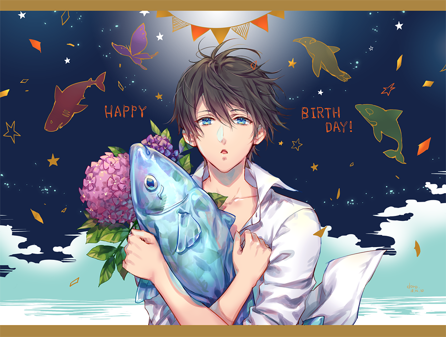 bird blue_eyes brown_hair bug butterfly crossed_arms dolphin dr. fish flower free! happy_birthday insect looking_at_viewer male_focus nanase_haruka_(free!) penguin shark shirt solo star unbuttoned upper_body white_shirt wind