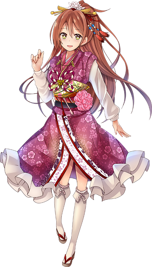 brown_hair full_body hair_between_eyes hair_ornament iwamura_(oshiro_project) japanese_clothes kimono kneehighs looking_at_viewer official_art oshiro_project oshiro_project_re ponytail purple_kimono sandals smile solo taicho128 transparent_background white_legwear yellow_eyes