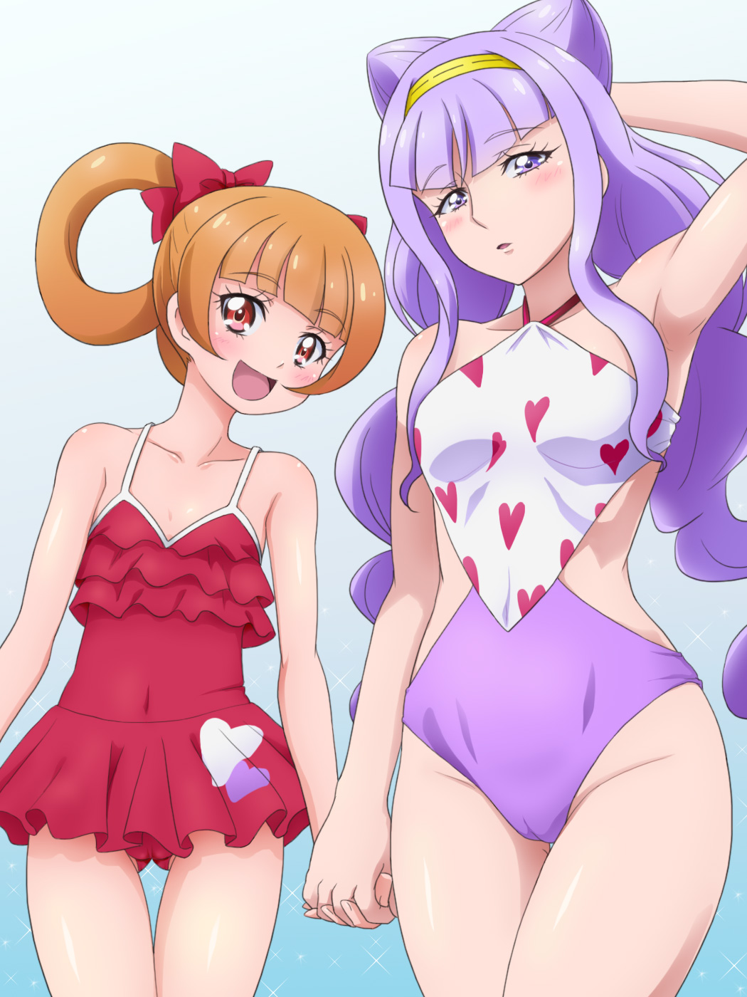 :d aisaki_emiru alternate_hairstyle arm_behind_head armpits ass_visible_through_thighs bangs blue_background blunt_bangs blush breasts brown_hair cameltoe commentary_request flat_chest frilled_swimsuit frills hair_rings hairband heart heart_print highres hugtto!_precure interlocked_fingers long_hair looking_at_viewer mameshiba medium_breasts multiple_girls one-piece_swimsuit open_mouth parted_lips precure purple_eyes purple_hair ruru_amour smile sparkle swimsuit swimsuit_skirt thigh_gap twintails very_long_hair yellow_hairband