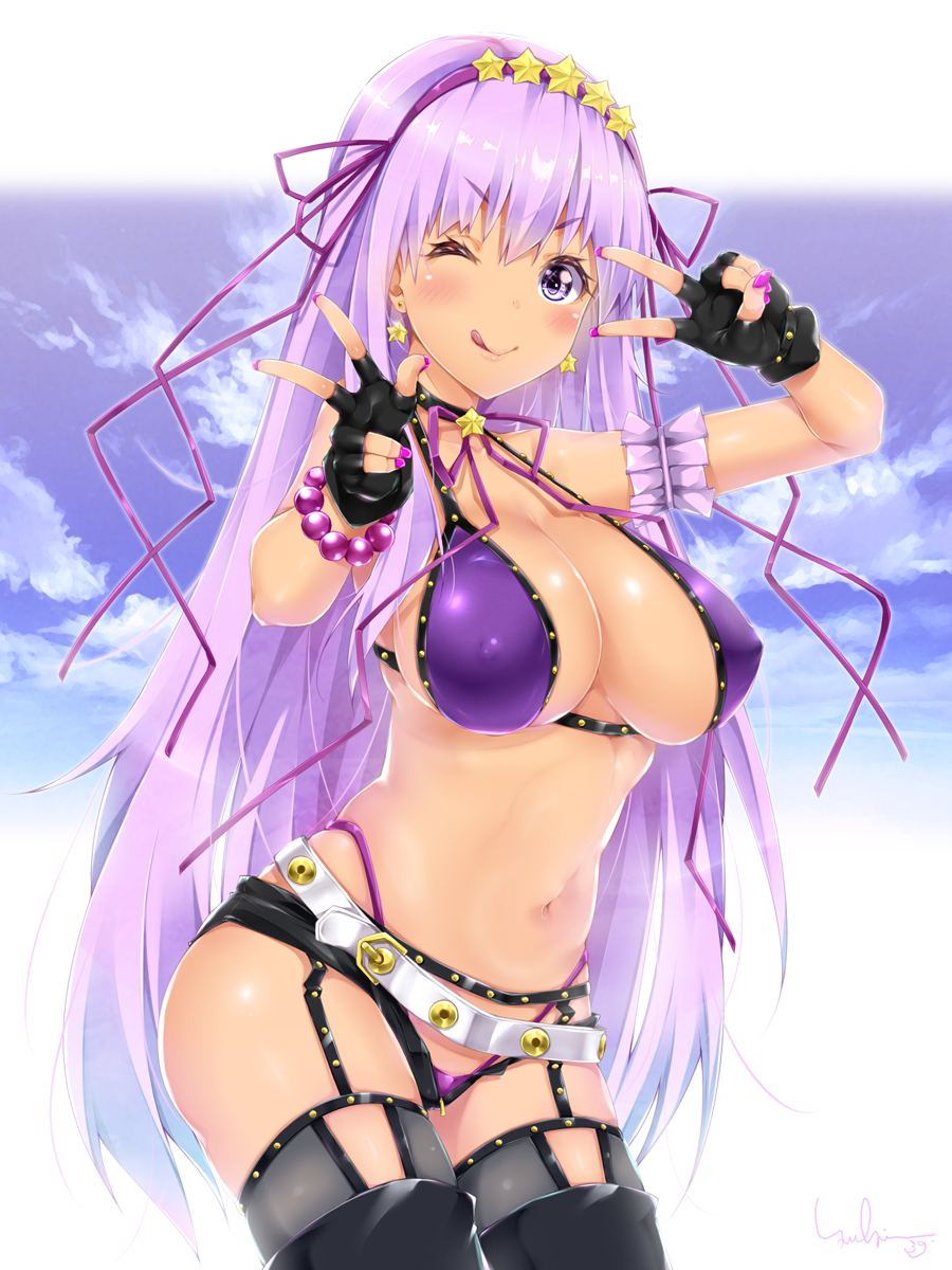 :q bangs bb_(fate)_(all) bb_(swimsuit_mooncancer)_(fate) belt bikini black_garter_belt black_gloves black_shorts breasts closed_mouth cloud commentary_request covered_nipples dark_skin day eyebrows_visible_through_hair fate/grand_order fate_(series) fingerless_gloves garter_belt gloves hair_ornament hair_ribbon halter_top halterneck highleg highleg_bikini highres large_breasts long_hair looking_at_viewer nail_polish navel one_eye_closed open_fly purple_bikini purple_eyes purple_hair purple_nails purple_ribbon ribbon short_shorts shorts smile solo standing star star_hair_ornament studded_garter_belt swimsuit thighhighs tongue tongue_out v very_long_hair w white_belt yukinon_(tsuki_koubou)