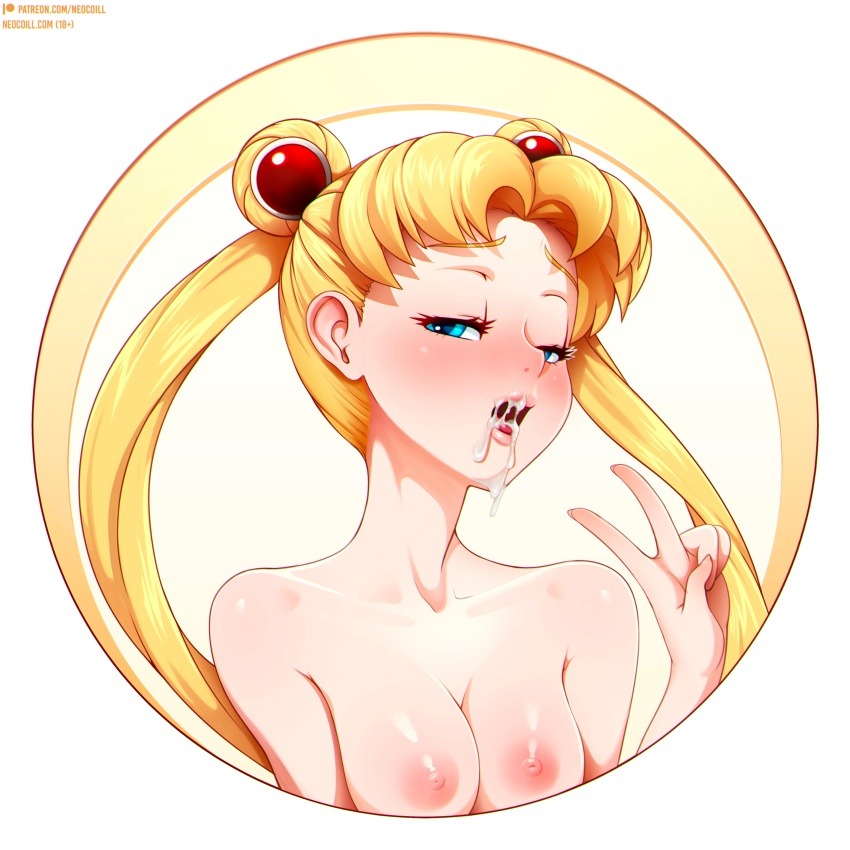 1boy 1girl areolae artist_name bangs bishoujo_senshi_sailor_moon blonde_hair blue_eyes blush breasts cum cum_in_mouth long_hair looking_at_viewer neocoill nipples open_mouth parted_bangs parted_lips penis sailor_moon saliva solo twintails uncensored v very_long_hair watermark web_address