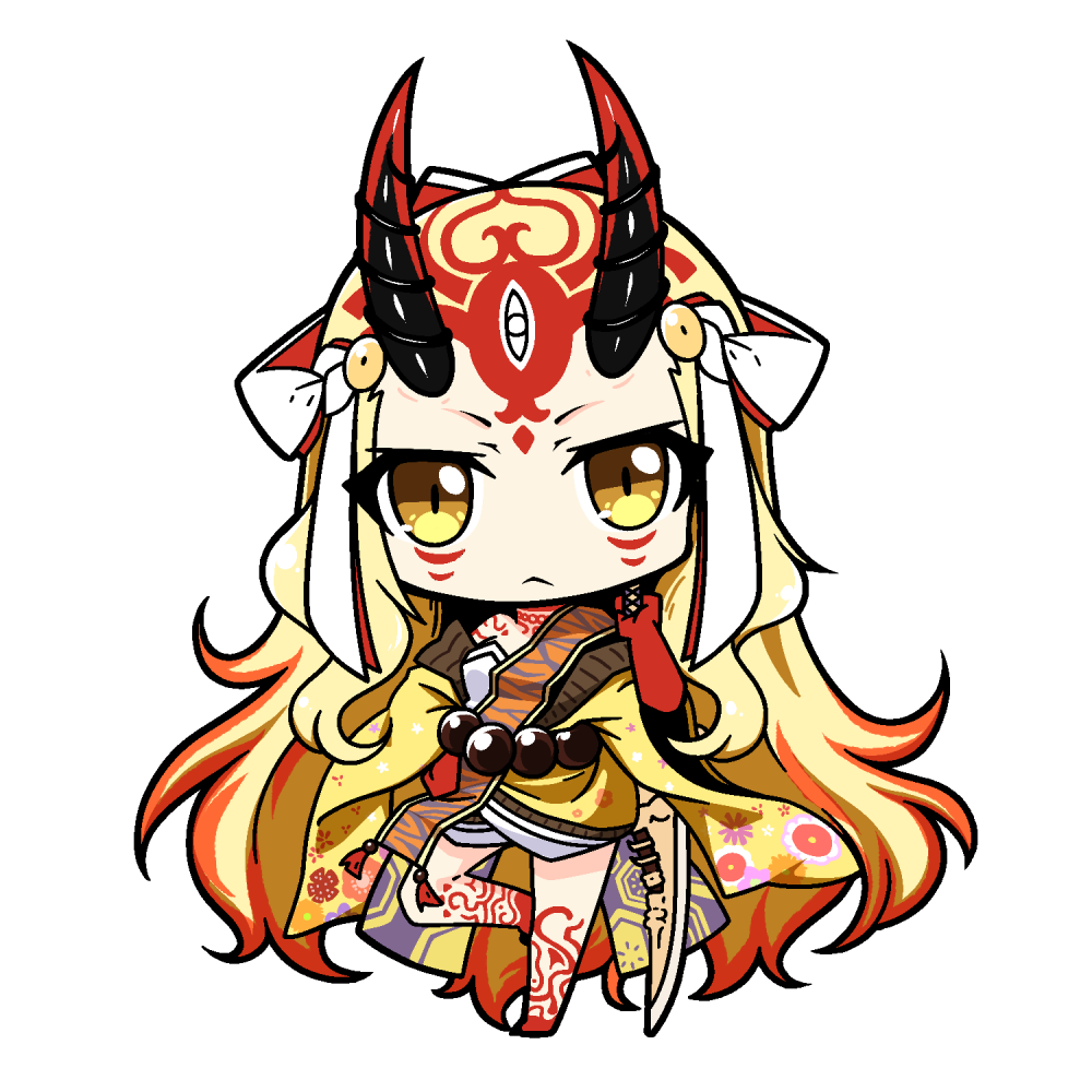 :&lt; bare_legs barefoot blonde_hair brown_eyes chibi closed_mouth facial_mark fate/grand_order fate_(series) forehead_mark gradient_hair hand_on_hip hand_up head_tilt horns ibaraki_douji_(fate/grand_order) japanese_clothes kimono long_hair long_sleeves looking_at_viewer multicolored_hair off_shoulder oni oni_horns red_hair shachoo. simple_background solo standing standing_on_one_leg very_long_hair white_background wide_sleeves yellow_kimono