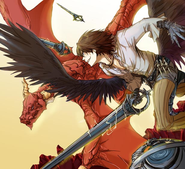 angel_(drag-on_dragoon) aoco_aoccororo black_hair black_wings caim drag-on_dragoon dragon gloves gradient gradient_background lord_of_vermilion shirt smile sword weapon white_shirt wings