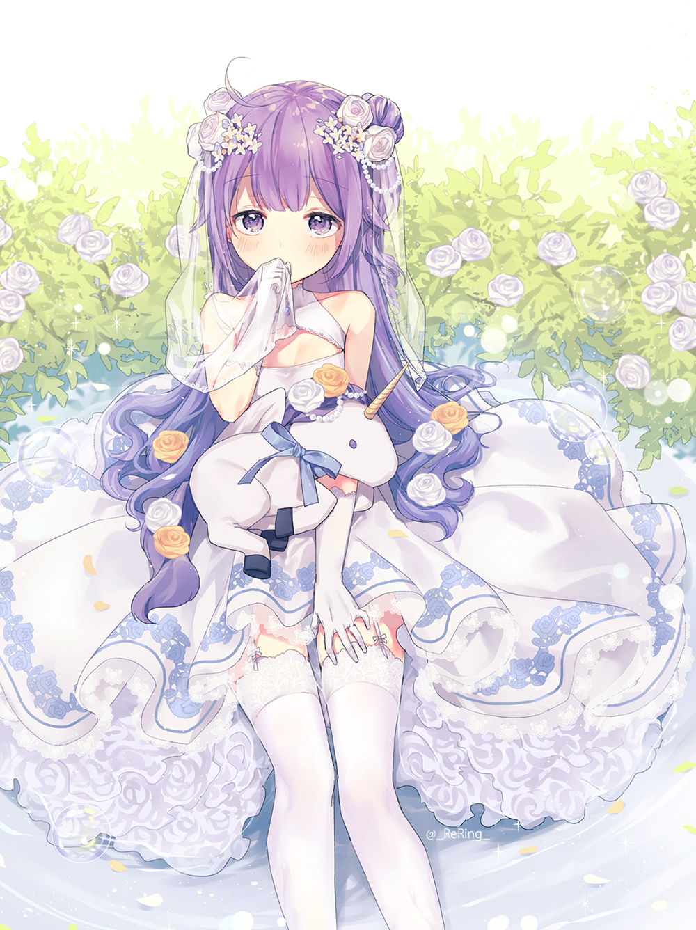 ahoge azur_lane bangs bare_shoulders blush breasts commentary_request covered_mouth dress elbow_gloves eyebrows_visible_through_hair flower garter_straps gloves hair_bun hair_flower hair_ornament highres holding one_side_up petals purple_eyes purple_hair rose see-through side_bun silltare sitting sleeveless sleeveless_dress small_breasts solo stuffed_alicorn stuffed_animal stuffed_toy thighhighs twitter_username unicorn_(azur_lane) veil white_dress white_flower white_gloves white_legwear white_rose yellow_flower yellow_rose