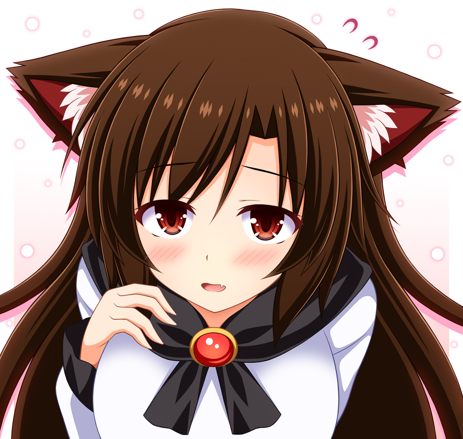 animal_ear_fluff animal_ears bangs blush border breasts brooch brown_hair commentary_request dress eyebrows_visible_through_hair fang flying_sweatdrops gradient gradient_background hair_between_eyes hand_up imaizumi_kagerou jewelry large_breasts long_hair long_sleeves looking_at_viewer nagana_sayui open_mouth outside_border pink_background red_eyes revision silhouette solo touhou upper_body white_background white_border white_dress wolf_ears