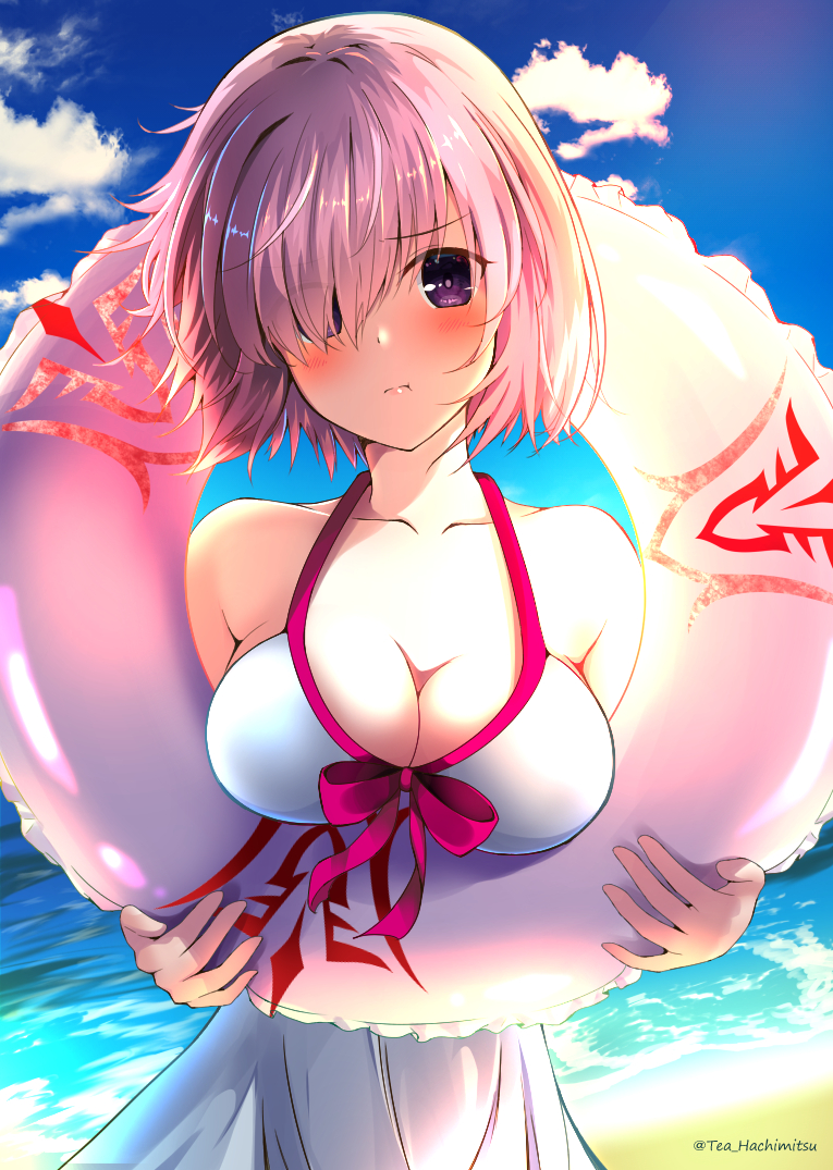 :t amagami_(makise_tsubaki) bangs beach blue_sky blush bow bow_swimsuit breast_rest breasts cleavage closed_mouth cloud collarbone command_spell commentary day dress dress_swimsuit embarrassed eyebrows_visible_through_hair eyes_visible_through_hair fate/grand_order fate_(series) hair_over_one_eye halterneck head_tilt holding holding_innertube innertube lavender_hair looking_at_viewer mash_kyrielight medium_breasts no_eyewear ocean one_eye_covered outdoors pink_bow pink_hair pout purple_eyes purple_hair raised_eyebrows short_hair sky solo standing straight_hair sunlight swimsuit swimsuit_of_perpetual_summer twitter_username water white_dress white_swimsuit