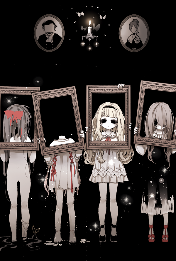 black_background black_dress black_eyes blonde_hair bow brown_hair chino_machiko decapitation dress frame ghost hair_bow holding long_hair looking_at_viewer multiple_girls original portrait_(object) red_bow short_dress simple_background standing white_dress white_skin