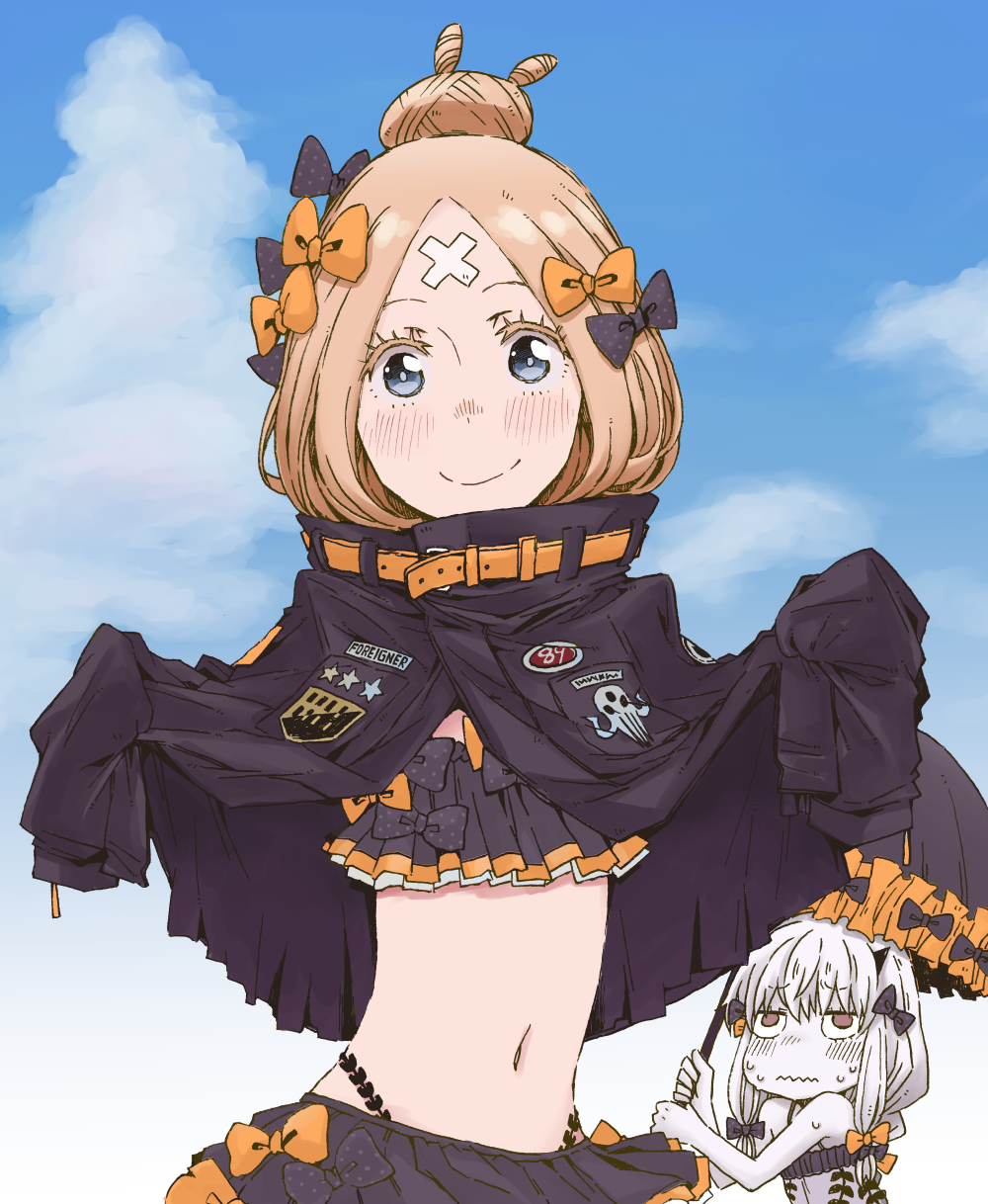 abigail_williams_(fate/grand_order) alternate_hairstyle bandaid_on_forehead bangs bare_shoulders belt bikini bikini_under_clothes black_bikini black_bow black_jacket blonde_hair blue_eyes blue_sky blush bow brown_eyes closed_mouth commentary_request day emerald_float fate/grand_order fate_(series) forehead frilled_bikini frills hair_bow hair_bun heroic_spirit_traveling_outfit high_collar highres horn jacket jacket_lift lavinia_whateley_(fate/grand_order) long_hair looking_at_viewer miniskirt multiple_girls navel open_clothes open_jacket orange_bow pale_skin parasol parted_bangs polka_dot polka_dot_bow sasakamakue sidelocks skirt sky sleeves_past_fingers sleeves_past_wrists swimsuit umbrella wavy_mouth white_hair wide-eyed