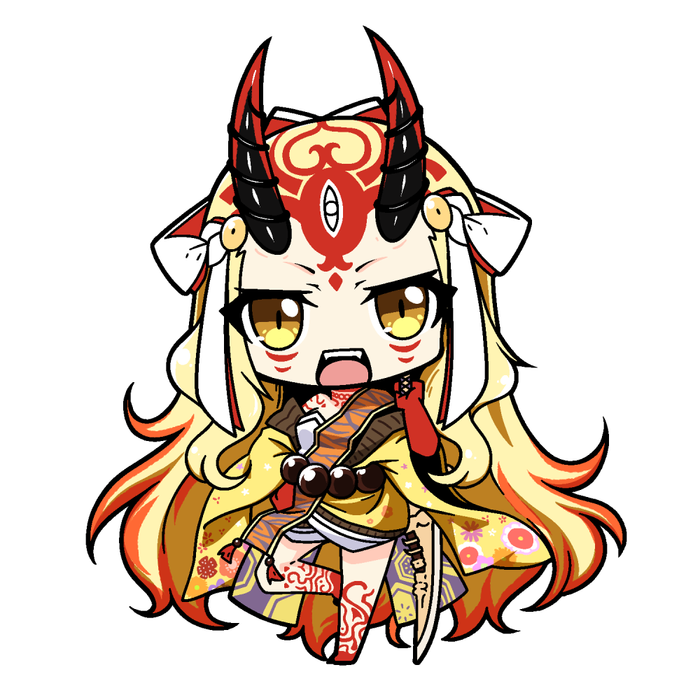 bare_legs barefoot blonde_hair brown_eyes chibi facial_mark fangs fate/grand_order fate_(series) forehead_mark gradient_hair hand_on_hip hand_up head_tilt horns ibaraki_douji_(fate/grand_order) japanese_clothes kimono long_hair long_sleeves looking_at_viewer multicolored_hair off_shoulder oni oni_horns open_mouth red_hair shachoo. simple_background solo standing standing_on_one_leg very_long_hair white_background wide_sleeves yellow_kimono