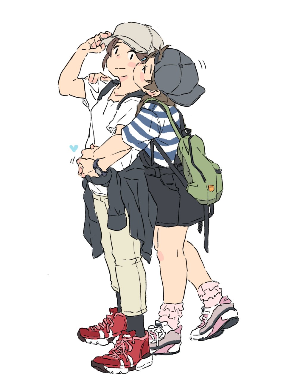 backwards_hat bag baseball_cap bookbag cheek_kiss closed_eyes clothes_around_waist commentary frilled_legwear hat highres holding_hands hug hug_from_behind kiss m_k multiple_girls original panties shirt shoes sketch sneakers striped striped_shirt sweater_around_waist symbol_commentary underwear white_background white_shirt yuri