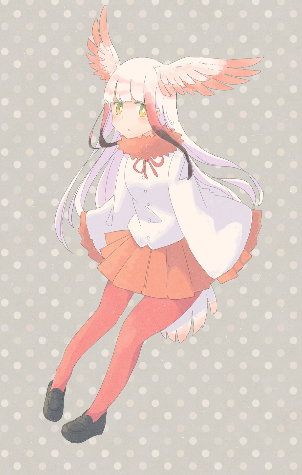bangs bird_tail bird_wings black_hair blush commentary_request frilled_sleeves frills full_body fur_collar hasu_(zatsugami) head_wings highres japanese_crested_ibis_(kemono_friends) kemono_friends long_hair long_sleeves multicolored_hair neck_ribbon pantyhose pleated_skirt red_hair red_legwear ribbon sidelocks skirt solo white_hair wings yellow_eyes
