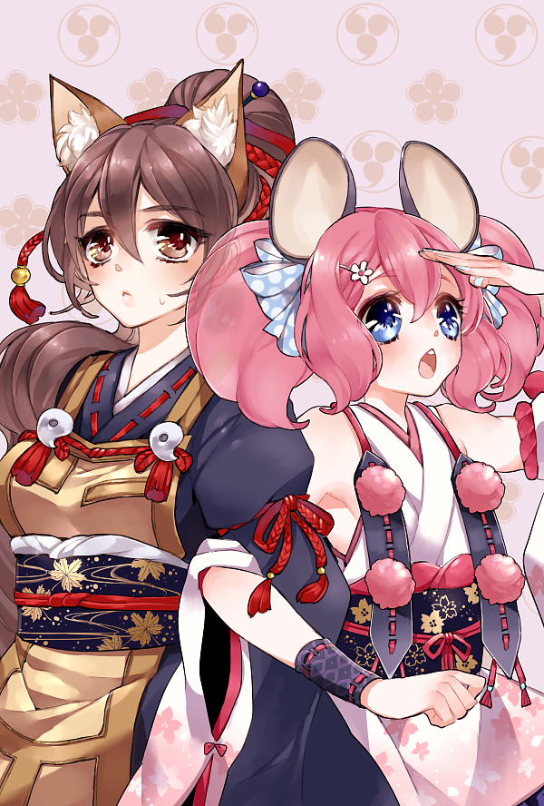 :&lt; :o a_(show_by_rock!!) bare_shoulders blue_nails brown_eyes brown_hair chino_machiko closed_mouth detached_sleeves fingernails hair_between_eyes hand_up japanese_clothes kimono locked_arms long_sleeves looking_at_viewer multiple_girls nail_polish obi open_mouth pink_hair ponytail purple_hair round_teeth sash short_sleeves show_by_rock!! sweatdrop tassel teeth un_(show_by_rock!!) wide_sleeves