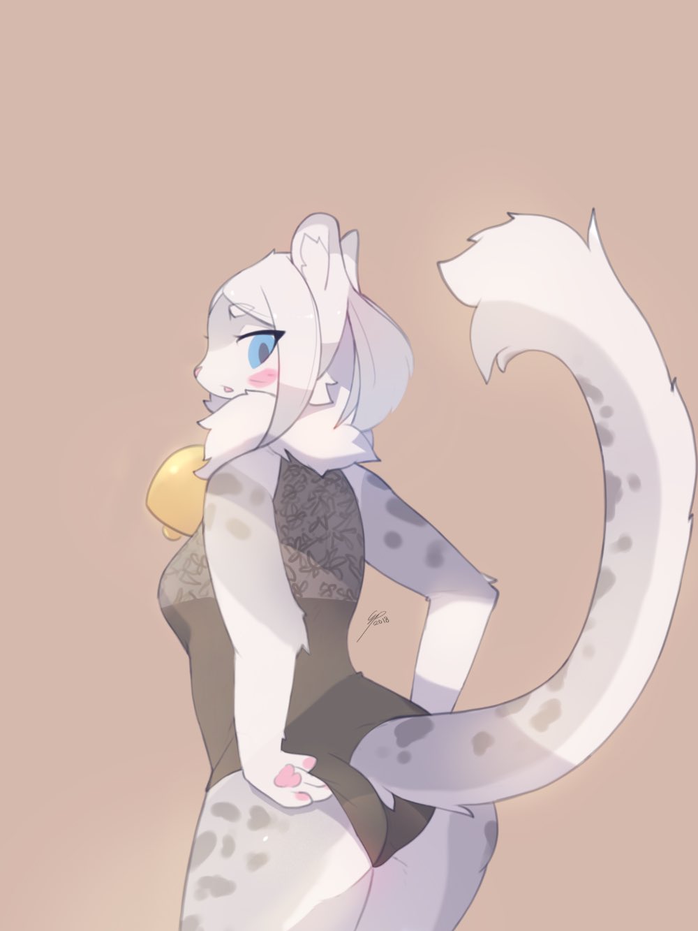 2018 anthro bell blue_eye's blush butt clothed clothing electrycpynk feline female hair leopard long_tail mammal neck_tuft signature simple_background snow_leopard solo tuft
