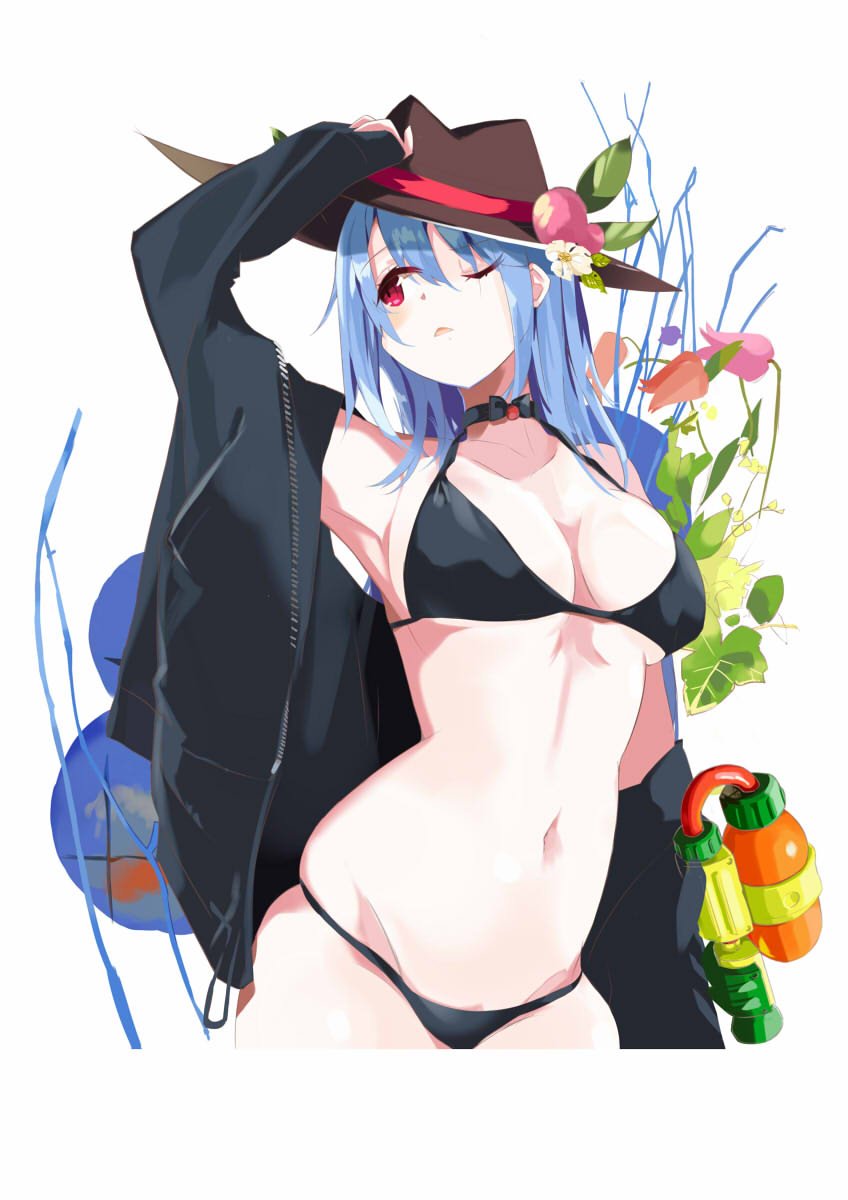 arm_up armpits bangs bare_shoulders bikini black_bikini black_choker black_jacket blue_hair breasts brown_hat choker collarbone commentary_request cowboy_shot error eyebrows_visible_through_hair fedora flower food fruit groin hair_between_eyes halterneck hat highres hinanawi_tenshi jacket leaf long_hair long_sleeves looking_up medium_breasts navel off_shoulder one_eye_closed open_clothes open_jacket parted_lips peach pink_flower red_eyes red_flower simple_background skindentation solo standing stomach swimsuit tetsurou_(fe+) thighs touhou tulip white_background