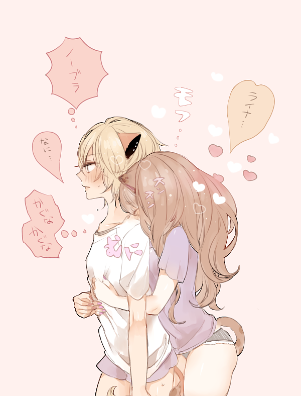 animal_ears big_hair blonde_hair boyshorts breasts cheety_(show_by_rock!!) chino_machiko cowboy_shot from_side grey_background groping heart hug hug_from_behind laina_(show_by_rock!!) light_brown_hair lion_ears lion_tail multiple_girls panties parted_lips pink_panties profile purple_shirt shirt short_sleeves show_by_rock!! simple_background small_breasts standing sweatdrop tail underwear white_shirt yuri