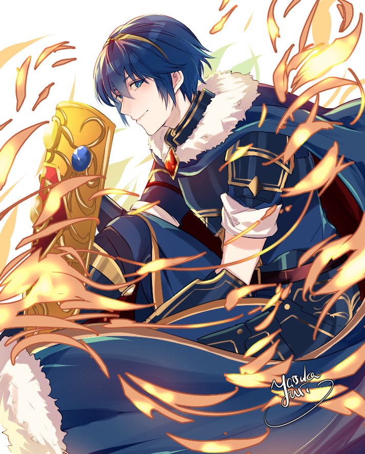 armor blue_eyes blue_hair cape fire fire_emblem fire_emblem:_monshou_no_nazo fire_emblem_heroes gloves looking_at_viewer male_focus marth open_mouth shield short_hair smile sword tiara weapon yuli_(yy07610)