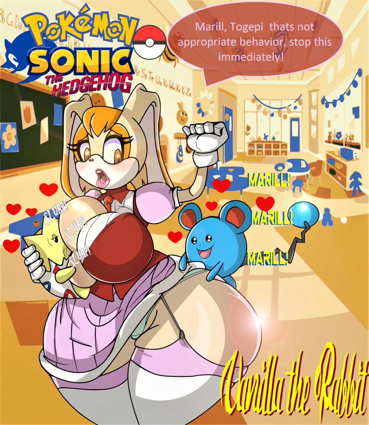 anthro big_breasts breast_suck breastfeeding breasts clothing crossover detailed_background dialogue english_text female gloves group hi_res kurvylass lagomorph mammal marill mature_female nintendo pok&eacute;mon pok&eacute;mon_(species) rabbit sonic_(series) sucking text thick_thighs togepi vanilla_the_rabbit video_games wide_hips