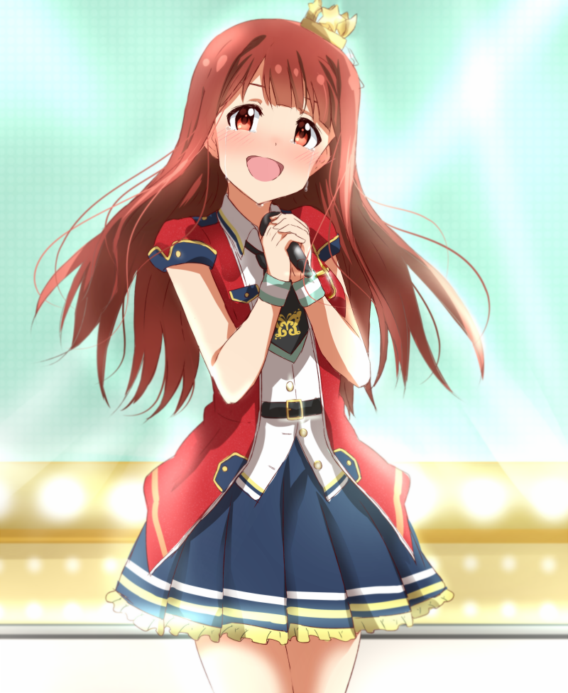 :d belt blue_skirt blush brown_hair cowboy_shot crown crying crying_with_eyes_open floating_hair frilled_skirt frills head_tilt holding holding_microphone idol idolmaster idolmaster_million_live! idolmaster_million_live!_theater_days lieass long_hair microphone mini_crown miniskirt open_mouth pleated_skirt red_eyes shiny shiny_hair shiny_trinity short_sleeves skirt smile solo standing tanaka_kotoha tears tilted_headwear wristband