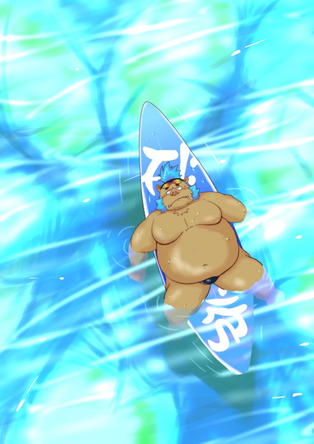 belly blue_hair boar bulge clothed clothing eyewear floating gouryou hair kumashisyo male mammal mohawk musclegut overweight porcine speedo sunglasses surfboard surfing swimsuit tokyo_afterschool_summoners topless water