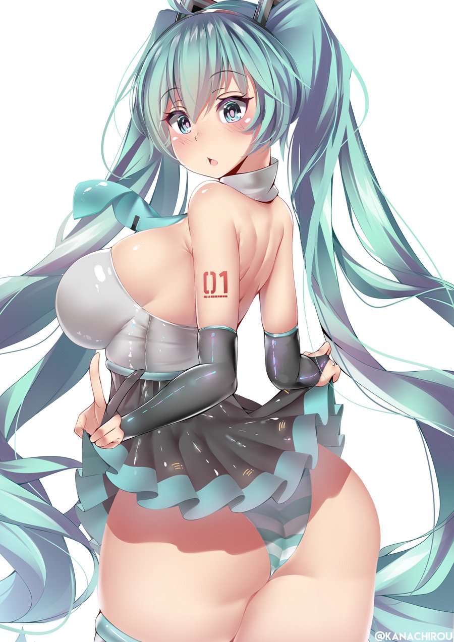 ahoge aqua_eyes aqua_hair aqua_panties ass backless_outfit bangs bare_shoulders black_gloves black_legwear black_skirt blush breasts commentary cowboy_shot elbow_gloves eyebrows_visible_through_hair from_side gloves hair_between_eyes hairband hands_up hatsune_miku high-waist_skirt highres kanachirou large_breasts long_hair looking_at_viewer open_mouth panties partly_fingerless_gloves pleated_skirt shoulder_tattoo sideboob sidelocks simple_background skirt solo striped striped_panties tattoo thighhighs thighs triangle_mouth twintails twisted_torso twitter_username underwear v very_long_hair vocaloid white_background