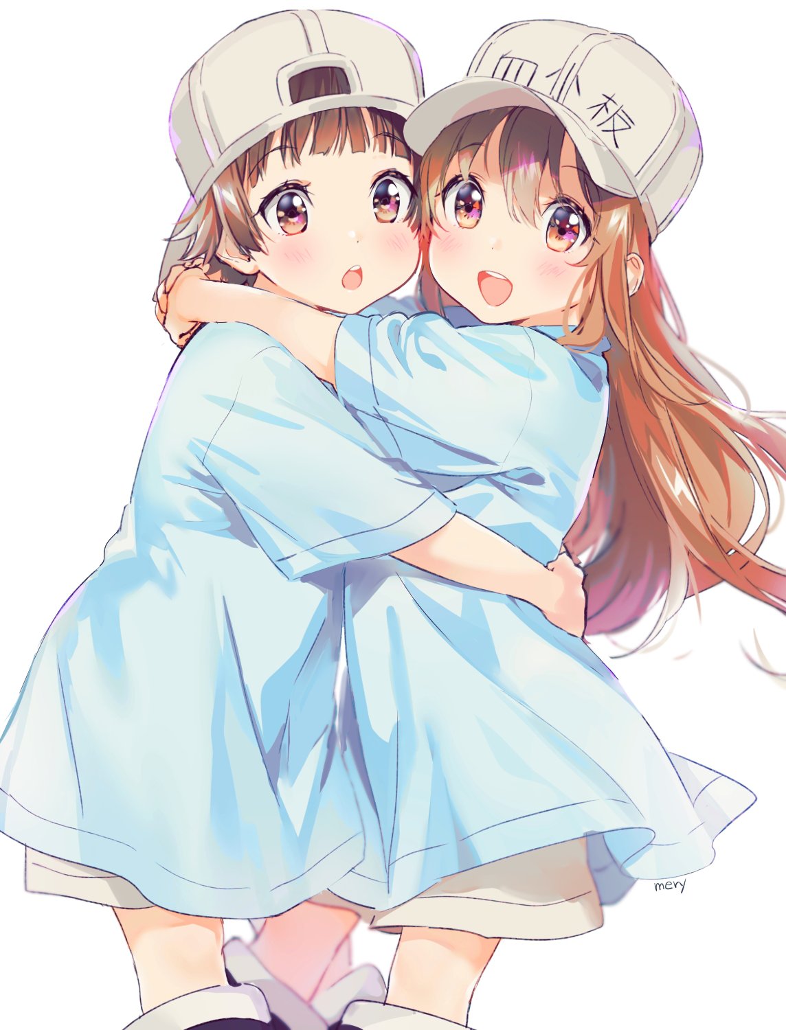 1girl artist_name backwards_hat boots brown_eyes eyebrows_visible_through_hair flat_cap hat hataraku_saibou highres hug long_hair looking_at_viewer mery_(apfl0515) mutual_hug oversized_clothes platelet_(hataraku_saibou) shirt short_hair short_sleeves shorts simple_background smile t-shirt